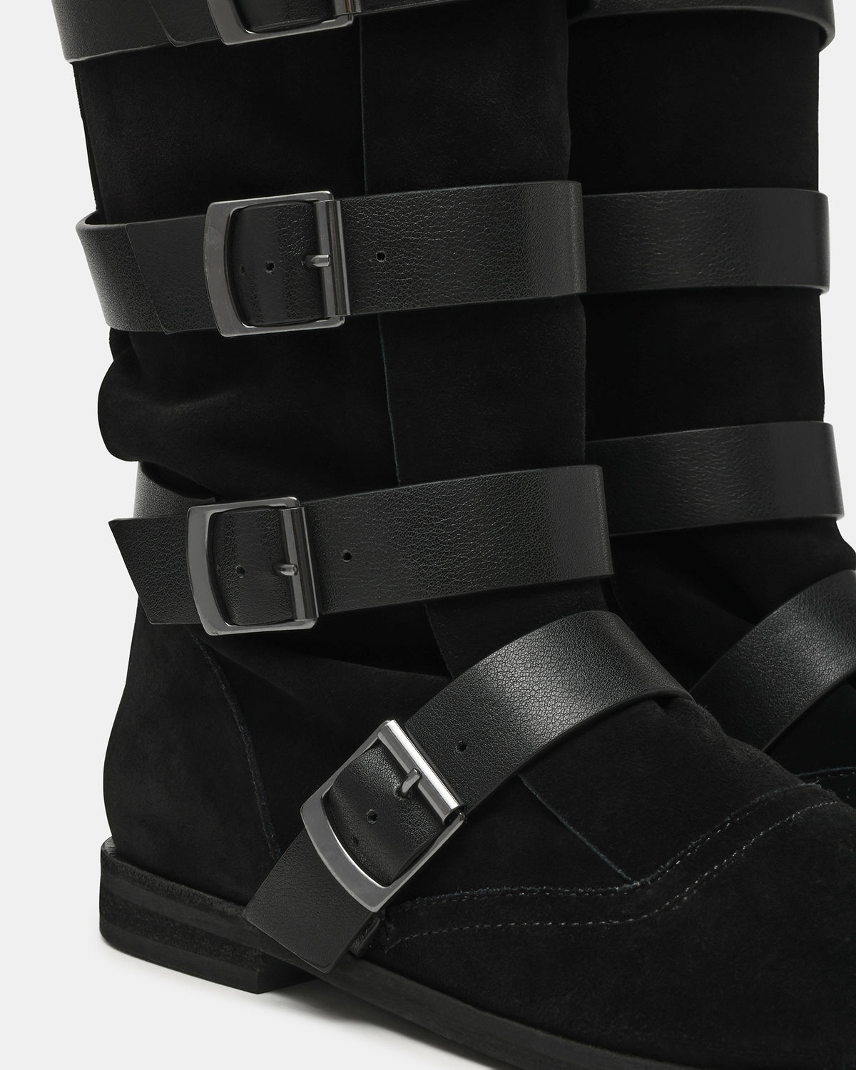 INDIO Black Suede Buckle Strap Knee-High Round-Toe Women's Boot