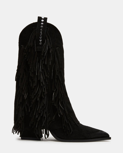LANDMARK Black Suede Cuffed Fringe Western Women's Ankle Boot