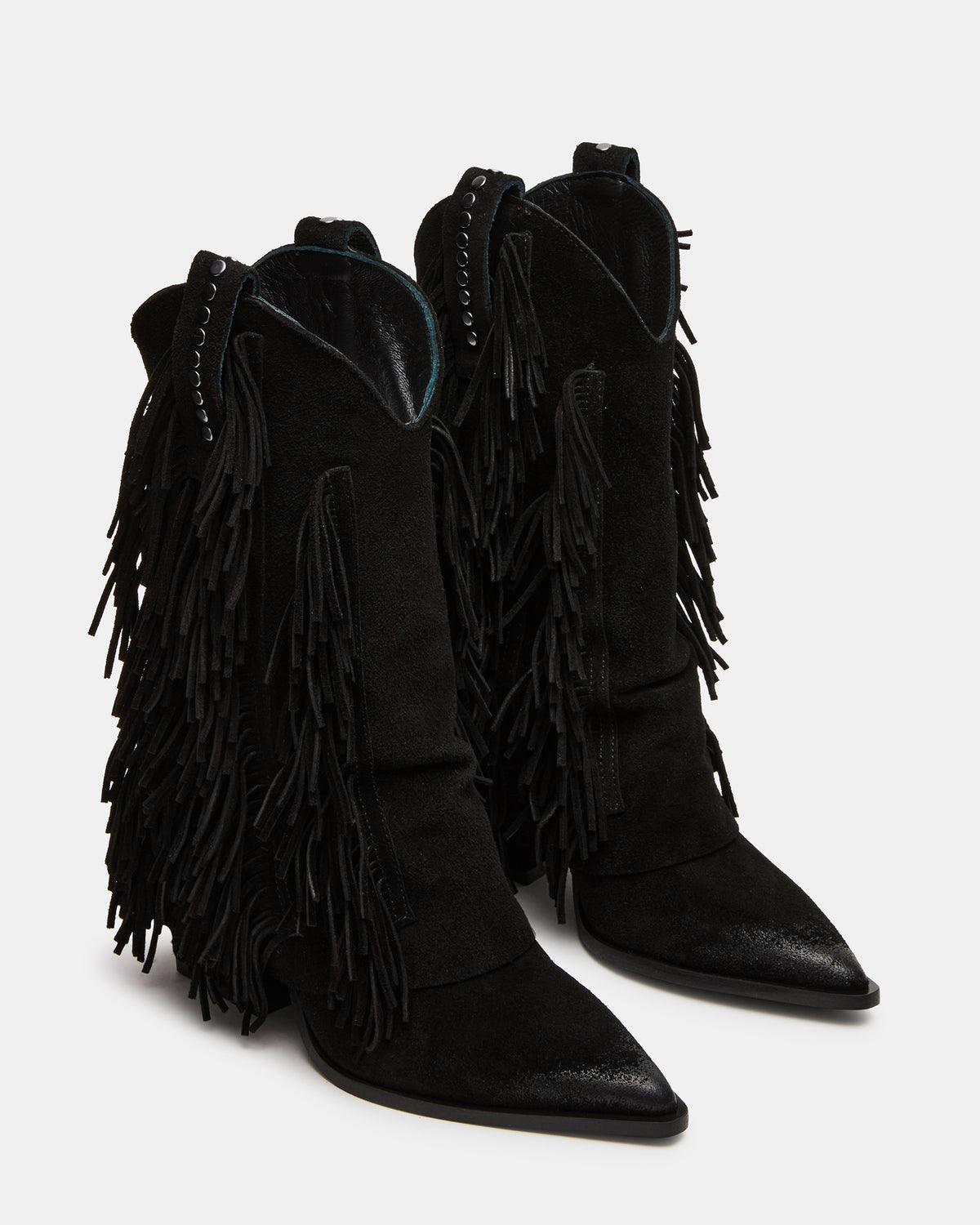 LANDMARK Black Suede Cuffed Fringe Western Women's Ankle Boot