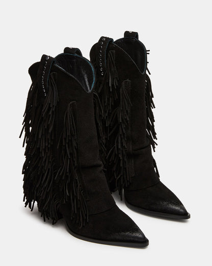 LANDMARK Black Suede Cuffed Fringe Western Women's Ankle Boot