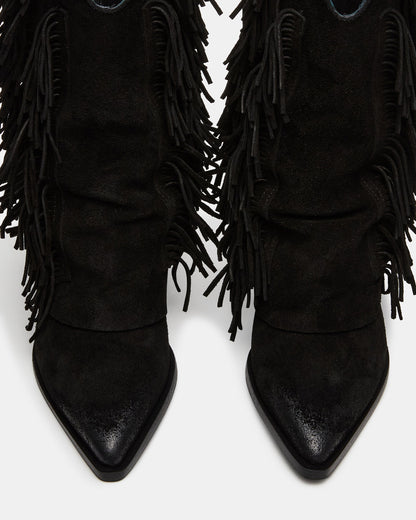LANDMARK Black Suede Cuffed Fringe Western Women's Ankle Boot