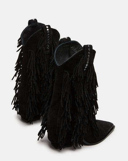 LANDMARK Black Suede Cuffed Fringe Western Women's Ankle Boot