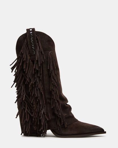 LANDMARK Brown Suede Cuffed Fringe Western Women's Ankle Boot