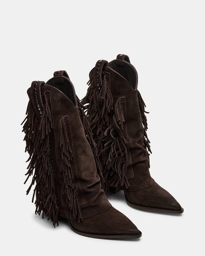 LANDMARK Brown Suede Cuffed Fringe Western Women's Ankle Boot
