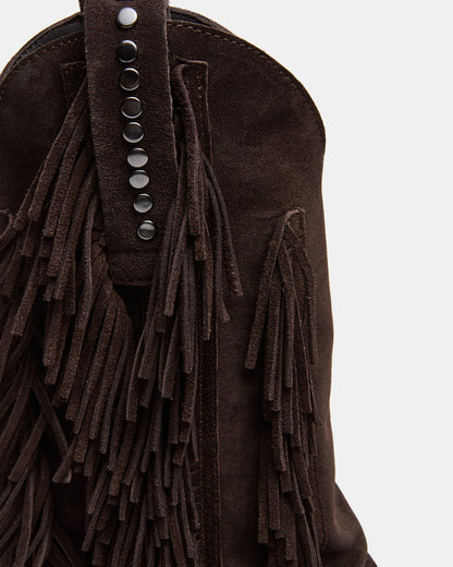 LANDMARK Brown Suede Cuffed Fringe Western Women's Ankle Boot