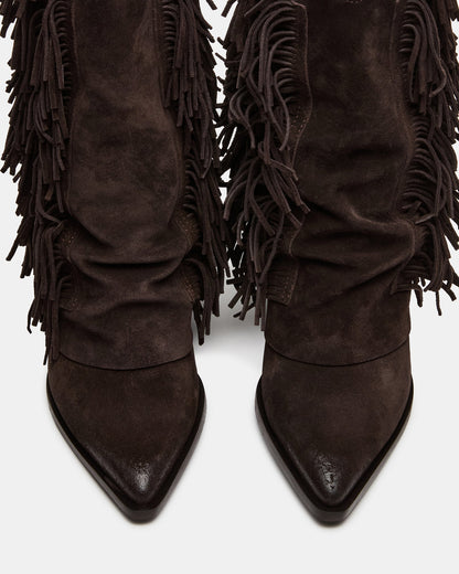 LANDMARK Brown Suede Cuffed Fringe Western Women's Ankle Boot