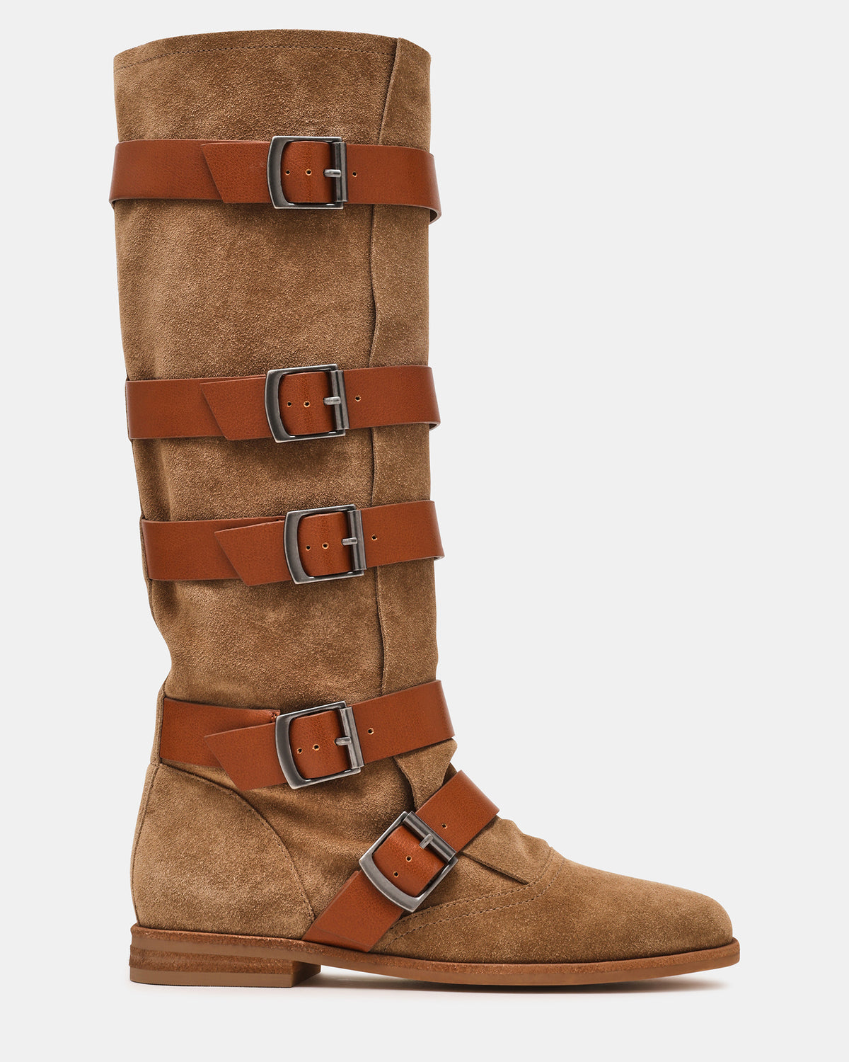 INDIO Tan Suede Buckle Strap Knee-High Round-Toe Women's Boot