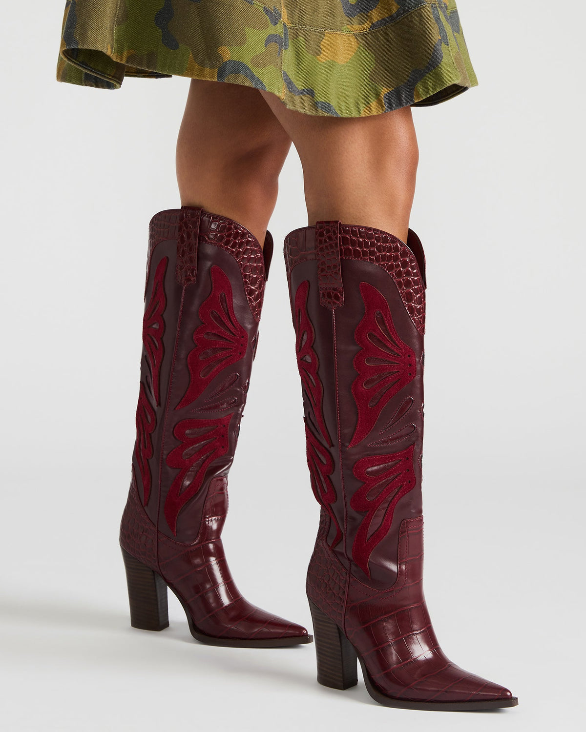 KAZ Burgundy Pointed-Toe Knee-High Block Heel Western Women's Boot