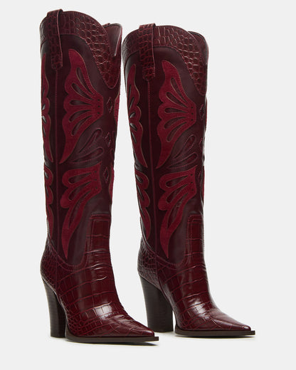 KAZ Burgundy Pointed-Toe Knee-High Block Heel Western Women's Boot