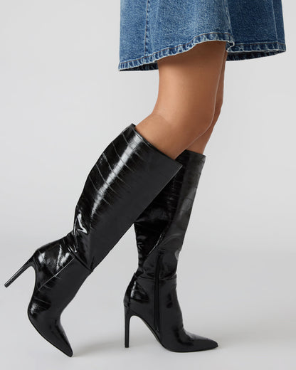 NITRO Black Eel Pointed-Toe Stiletto Heel Knee-High Women's Boots