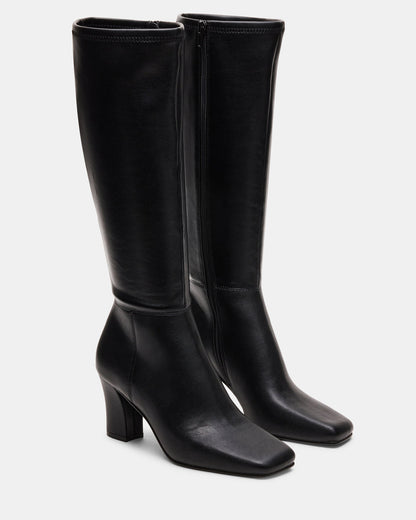 ELLIOT Black Square-Toe Knee-High Block Heel Women's Boot