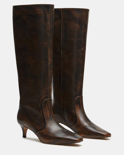 LANDER Brown Distressed Knee-High Kitten Heel Women's Boot