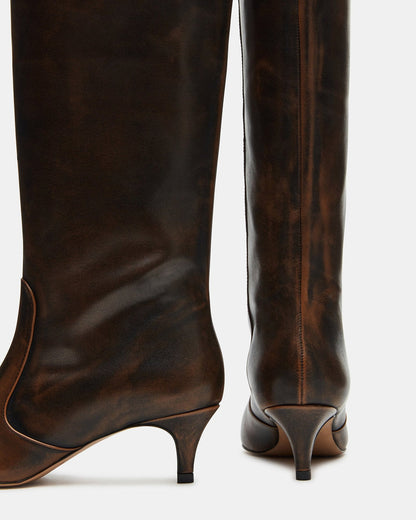 LANDER Brown Distressed Knee-High Kitten Heel Women's Boot