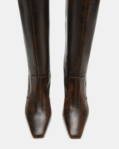 LANDER Brown Distressed Knee-High Kitten Heel Women's Boot