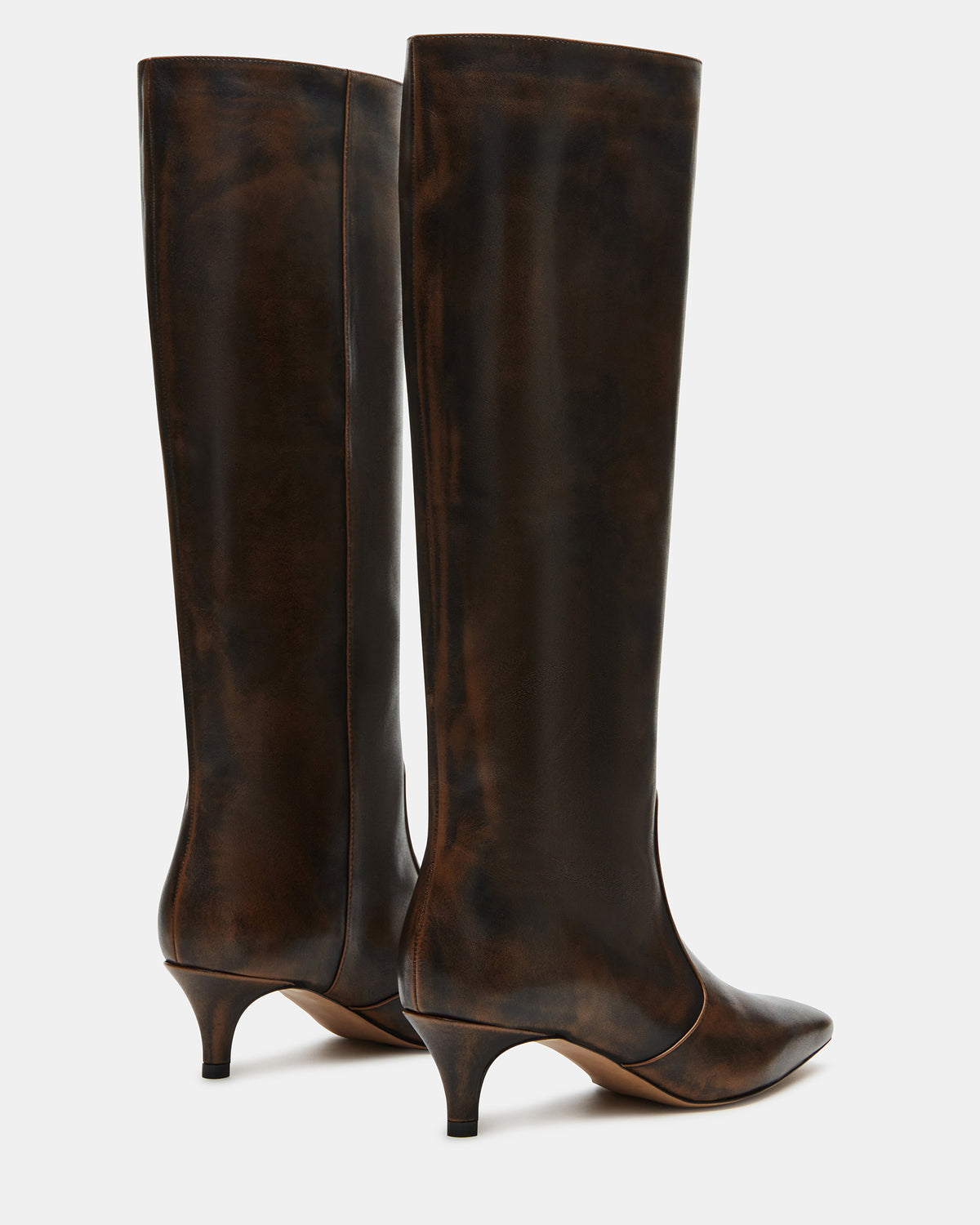 LANDER Brown Distressed Knee-High Kitten Heel Women's Boot