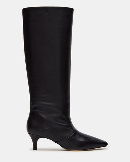 LANDER Black Leather Knee-High Kitten Heel Women's Boot