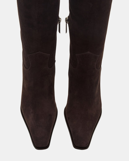WESCOT Brown Suede Square-Toe Knee-High Heeled Women's Boot
