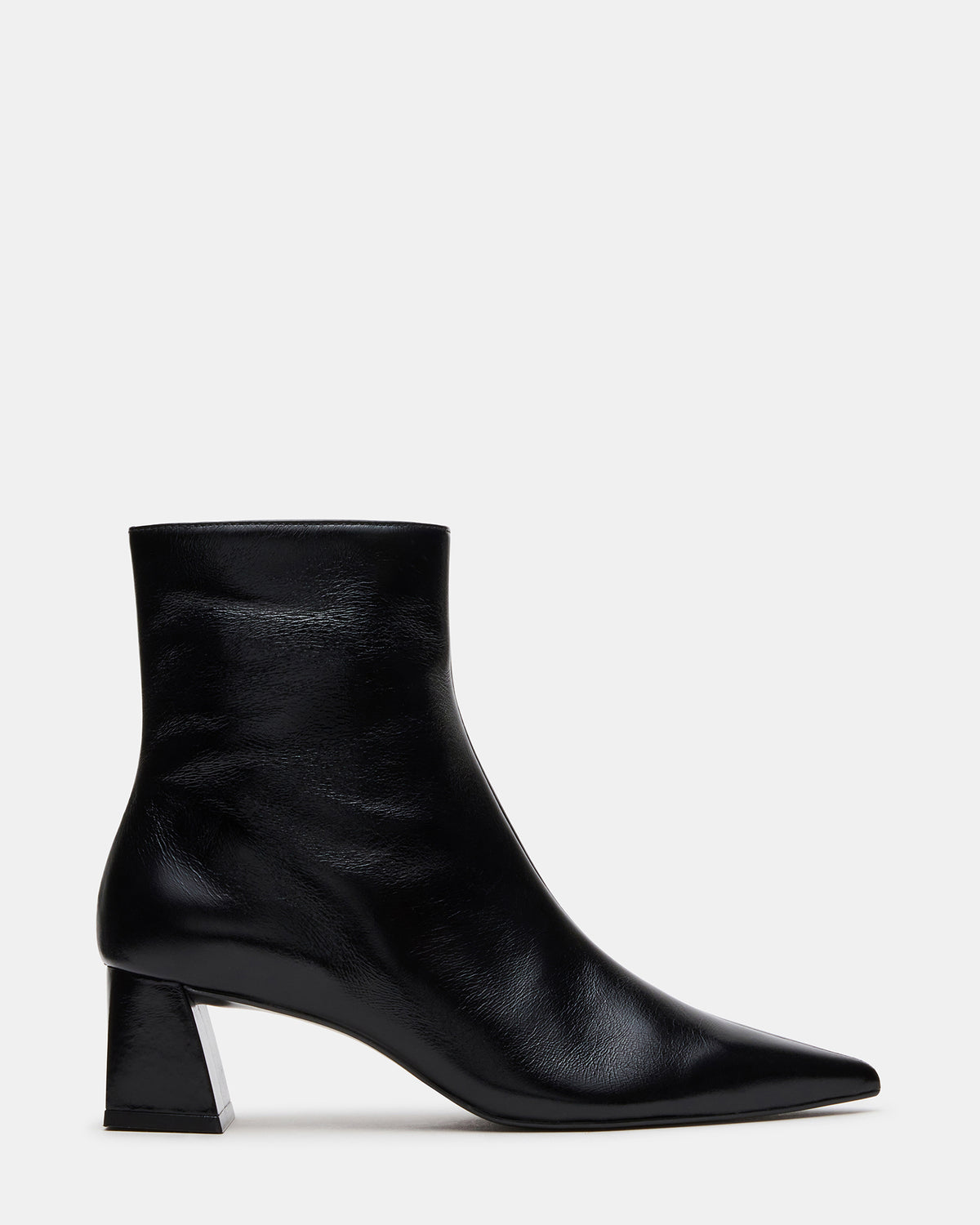 ASHLI Black Leather Pointed-Toe Block Heel Women's Ankle Boot
