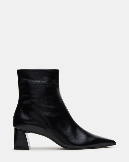 ASHLI Black Leather Pointed-Toe Block Heel Women's Ankle Boot