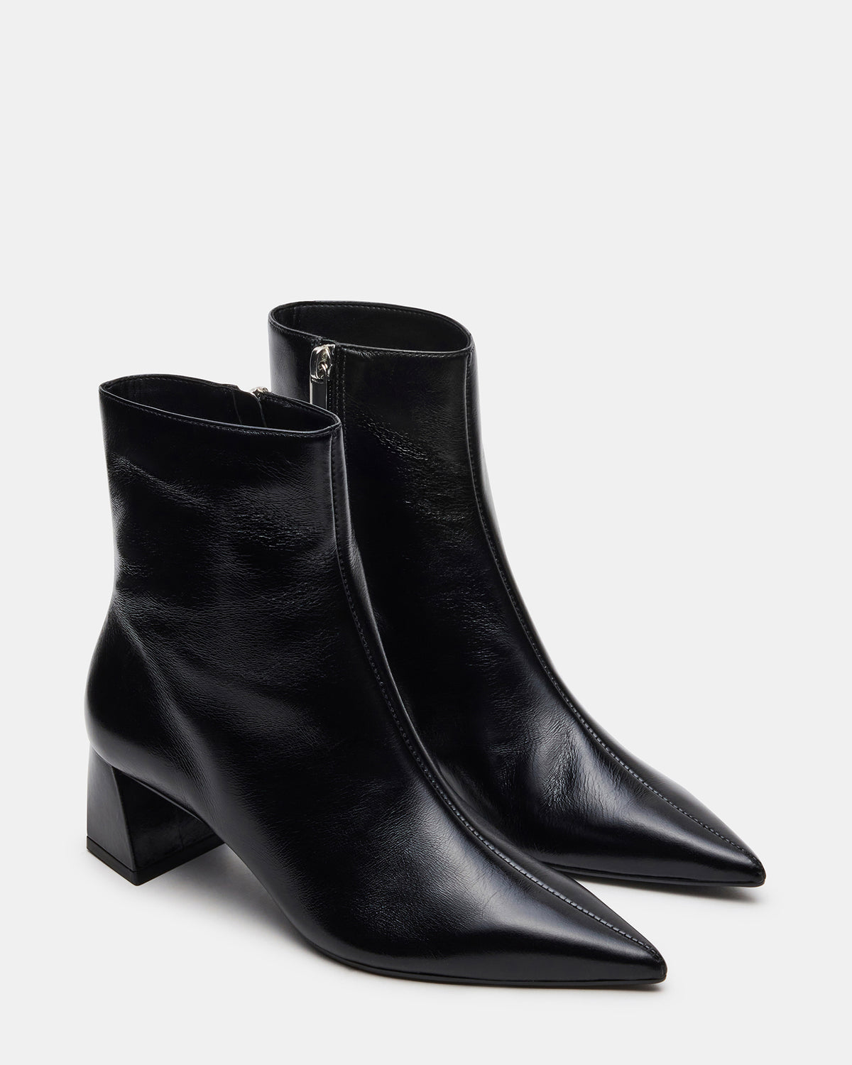ASHLI Black Leather Pointed-Toe Block Heel Women's Ankle Boot