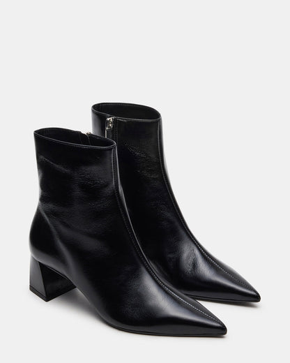ASHLI Black Leather Pointed-Toe Block Heel Women's Ankle Boot