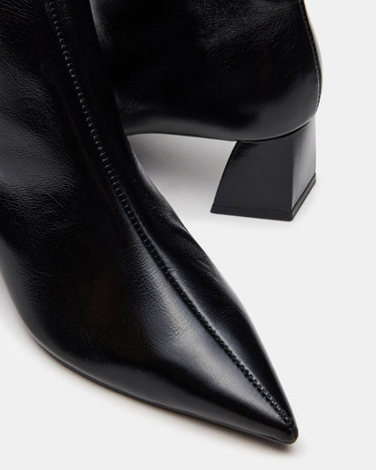 ASHLI Black Leather Pointed-Toe Block Heel Women's Ankle Boot