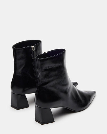 ASHLI Black Leather Pointed-Toe Block Heel Women's Ankle Boot