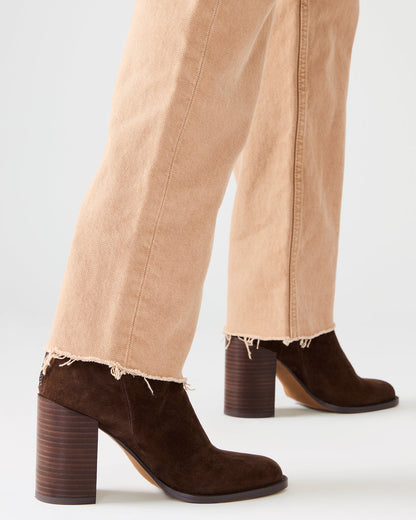 OBSESSION Chocolate Brown Suede Rounded Toe Block Heel Women's Ankle Boot