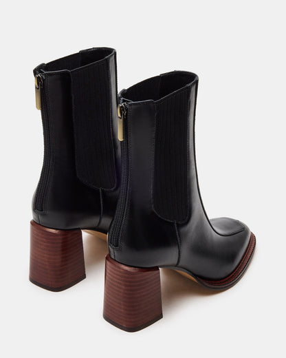 DOWNTOWN Black Leather Chelsea Block Heel Ankle Boot | Women's Booties