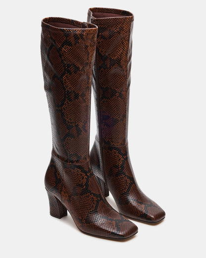 ELLIOT Brown Snake Square-Toe Knee-High Block Heel Women's Boot