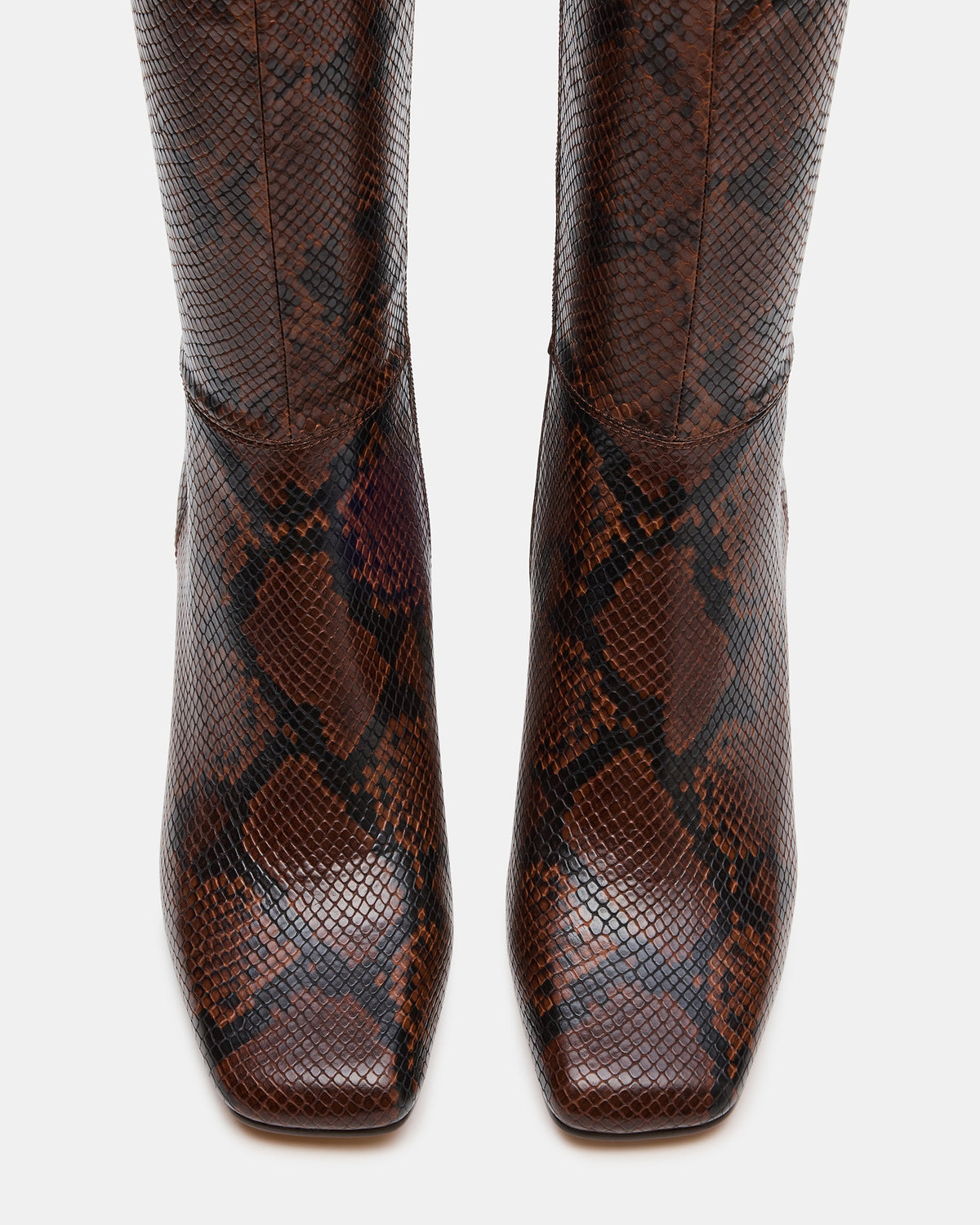 ELLIOT Brown Snake Square-Toe Knee-High Block Heel Women's Boot