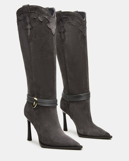 KYNDALL Grey Suede Pointed-Toe Stiletto Heeled Knee-High Women's Boot