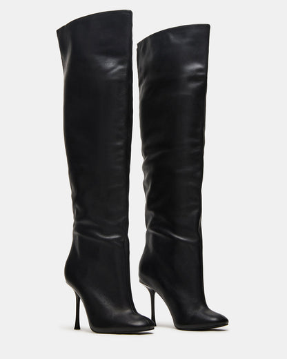 ALLURING Black Leather Over-The-Knee Square-Toe Heeled Women's Boot