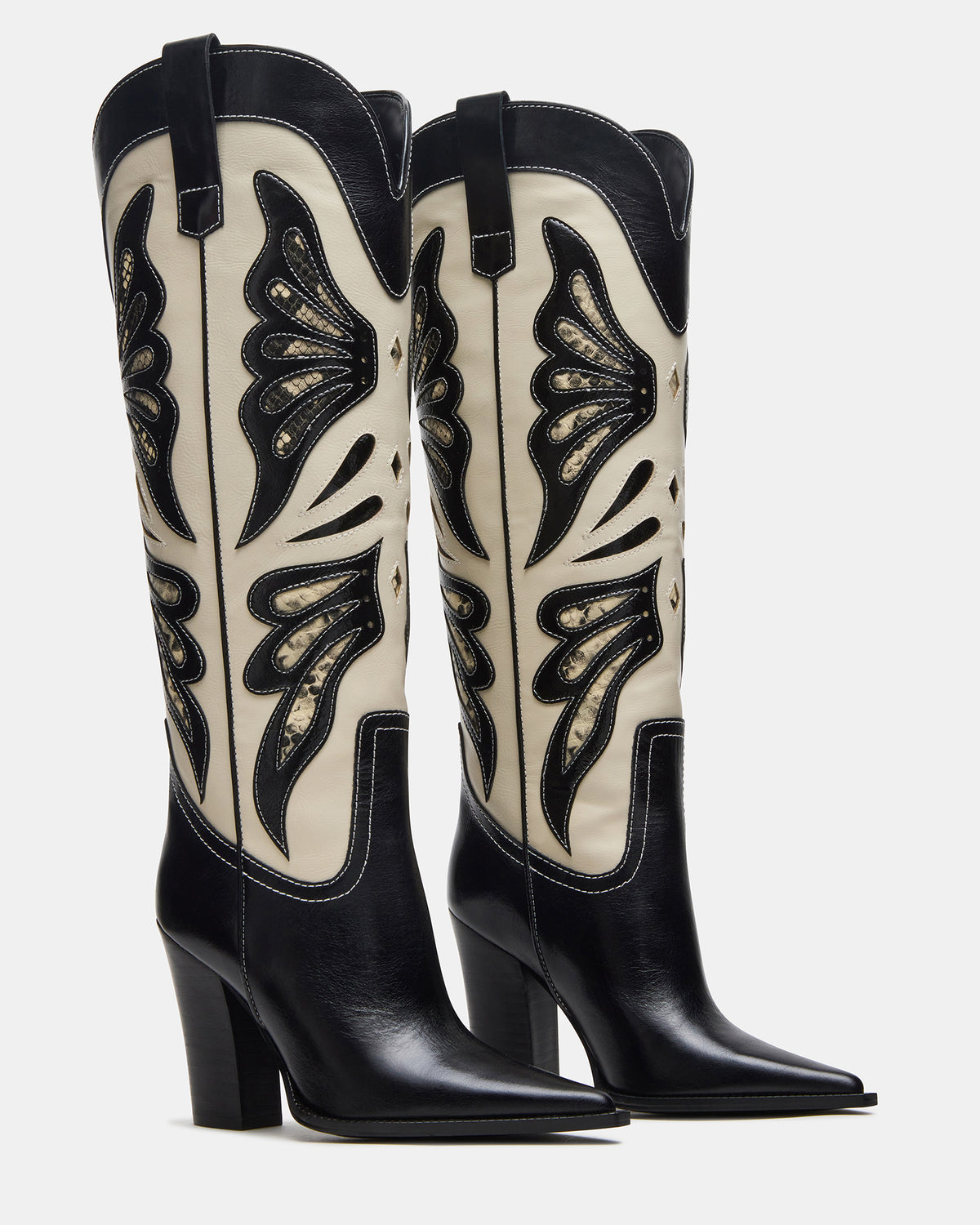 KAZ Black/White Pointed-Toe Knee-High Block Heel Western Women's Boot