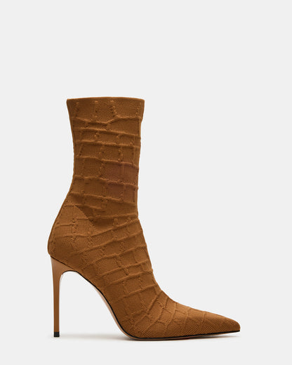 MIDNITE Tan Crocodile Pointed-Toe Stiletto Heel Sock Women's Ankle Boot