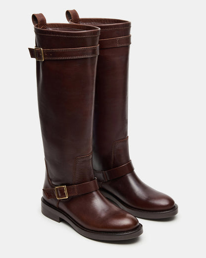 SADY Brown Leather Knee-High Rounded Toe Women's Boot