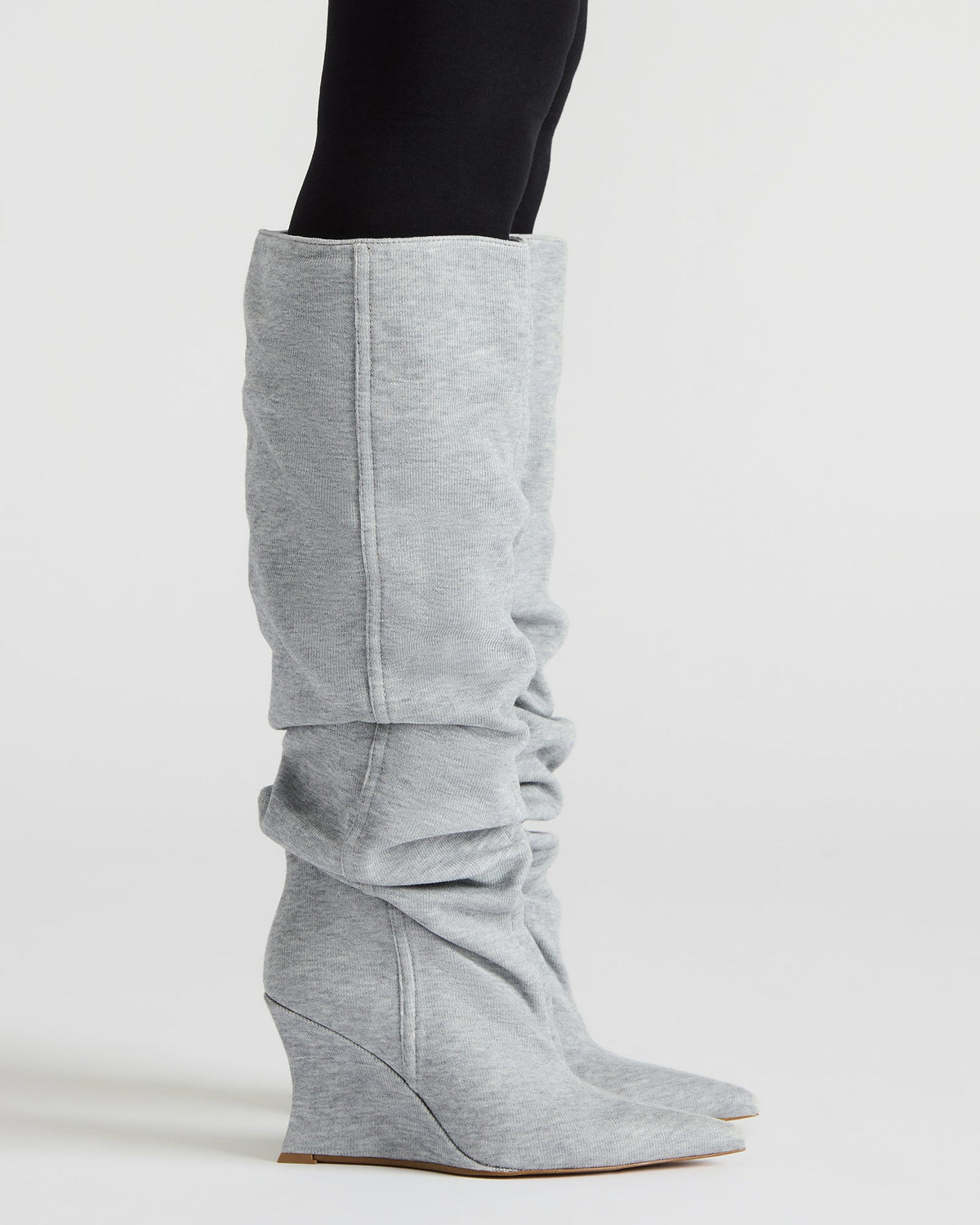 DISTORTION Grey Fabric Pointed-Toe Scrunched Knee-High Wedge Women's Boot