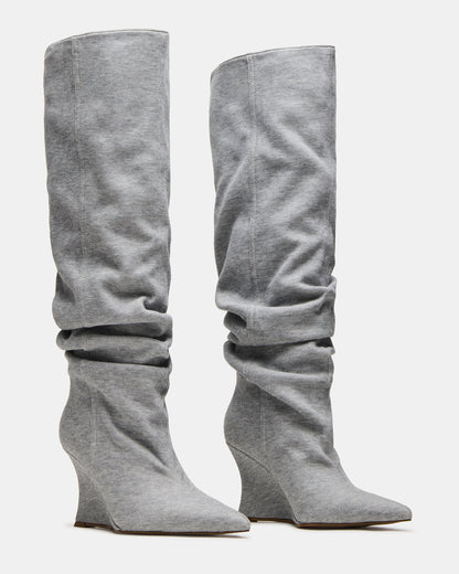 DISTORTION Grey Fabric Pointed-Toe Scrunched Knee-High Wedge Women's Boot
