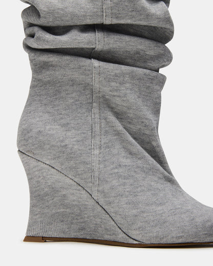 DISTORTION Grey Fabric Pointed-Toe Scrunched Knee-High Wedge Women's Boot