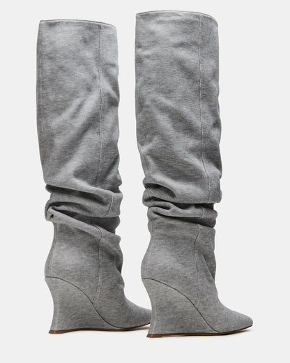 DISTORTION Grey Fabric Pointed-Toe Scrunched Knee-High Wedge Women's Boot