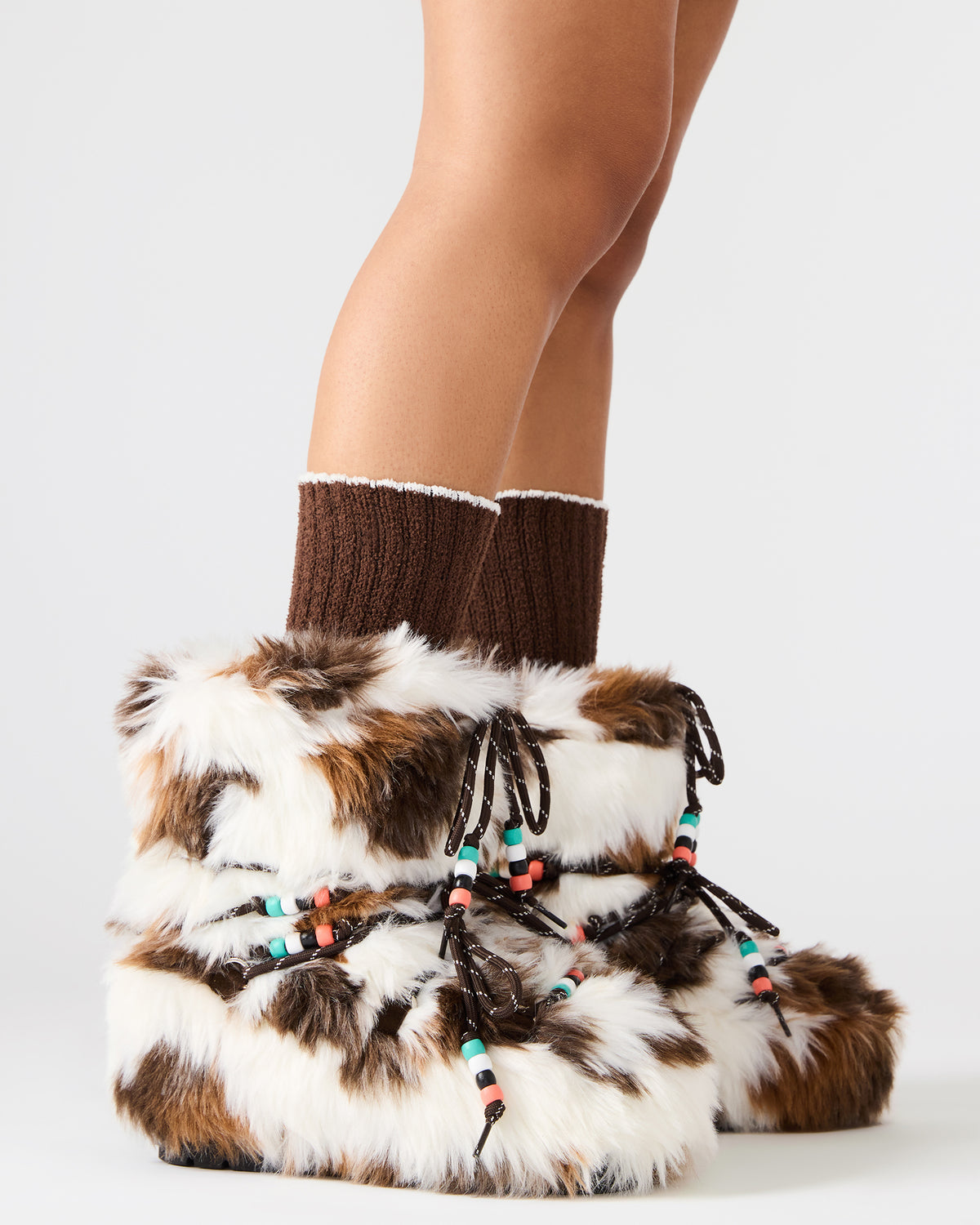 MIRO Brown Multi Faux Fur Chunky Lace-Up Women's Bootie