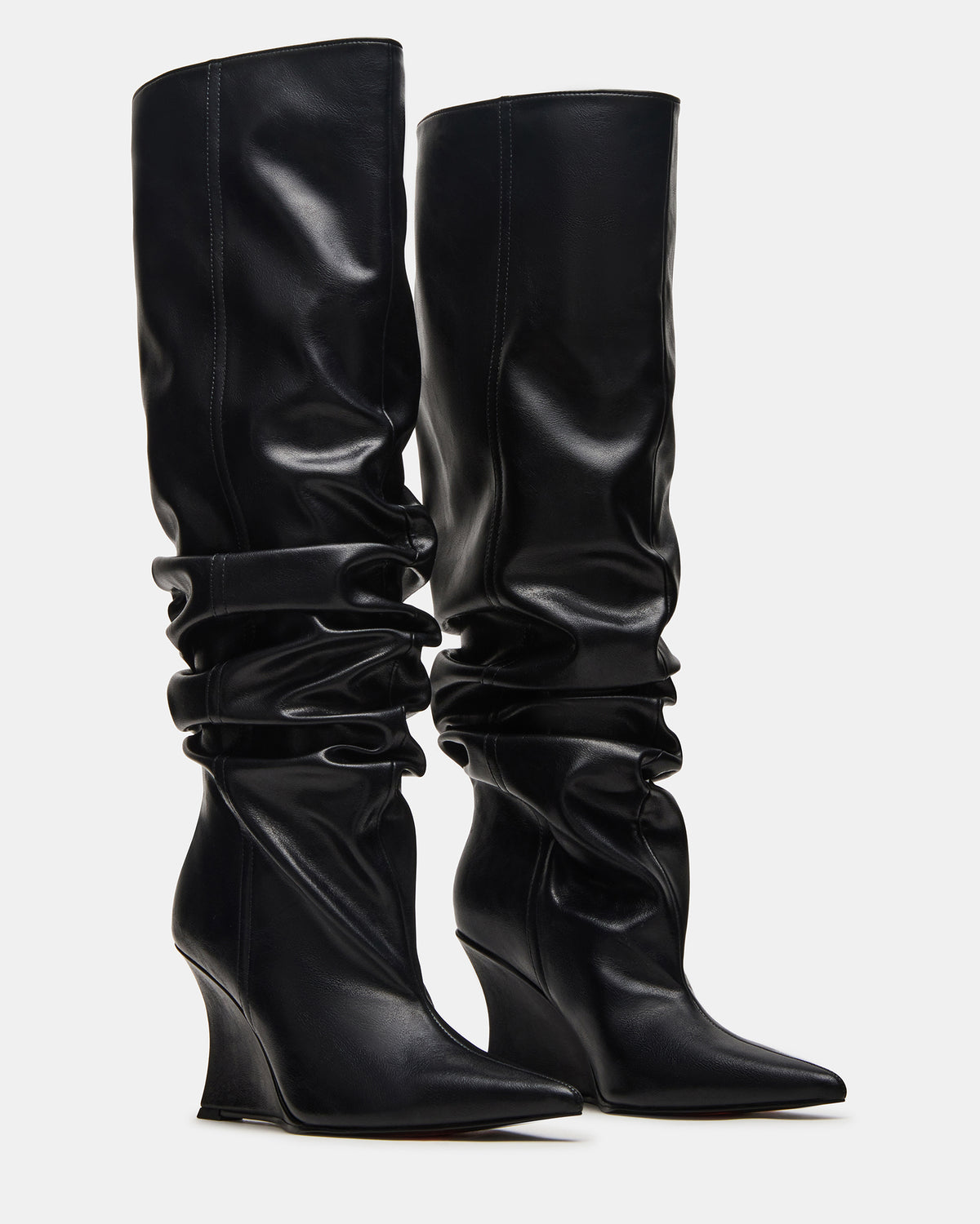 DISTORTION Black Pointed-Toe Scrunched Knee-High Wedge Women's Boot