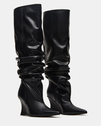 DISTORTION Black Pointed-Toe Scrunched Knee-High Wedge Women's Boot