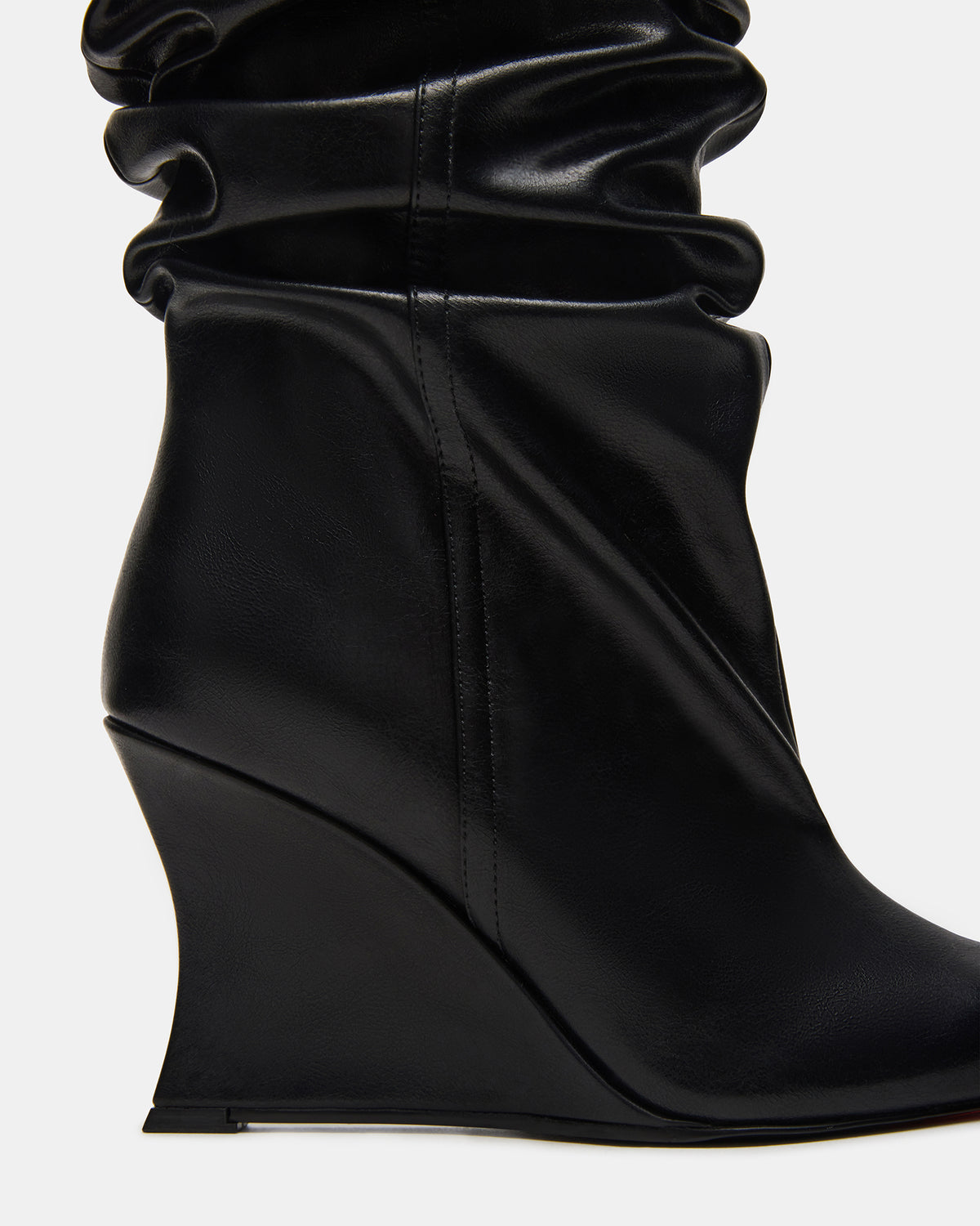 DISTORTION Black Pointed-Toe Scrunched Knee-High Wedge Women's Boot