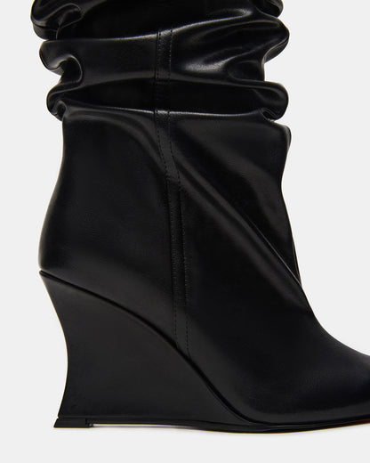 DISTORTION Black Pointed-Toe Scrunched Knee-High Wedge Women's Boot