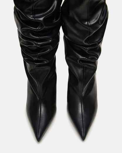 DISTORTION Black Pointed-Toe Scrunched Knee-High Wedge Women's Boot