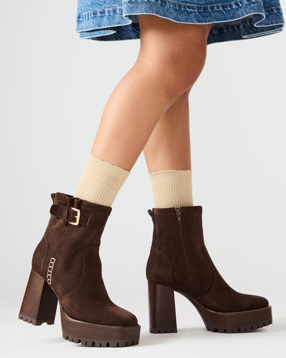 SUMMIT Dark Brown Suede Platform Lug Block Heel Women's Ankle Boot
