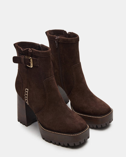 SUMMIT Dark Brown Suede Platform Lug Block Heel Women's Ankle Boot