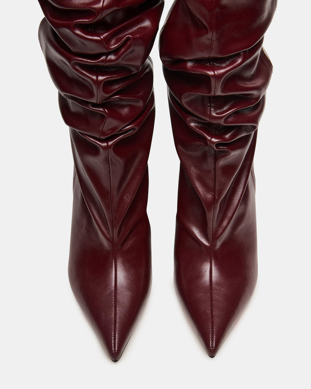 DISTORTION Burgundy Pointed-Toe Scrunched Knee-High Wedge Women's Boot