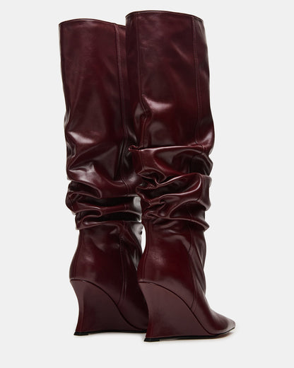 DISTORTION Burgundy Pointed-Toe Scrunched Knee-High Wedge Women's Boot